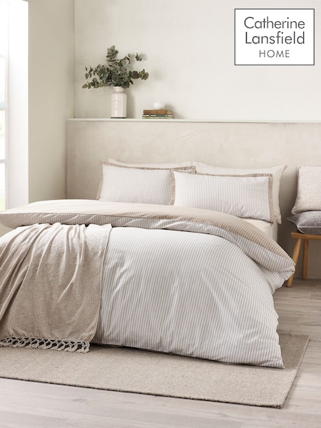 Catherine Lansfield Natural Oxford Pinstripe Reversible Duvet Cover Set (H87454) | £18 - £35