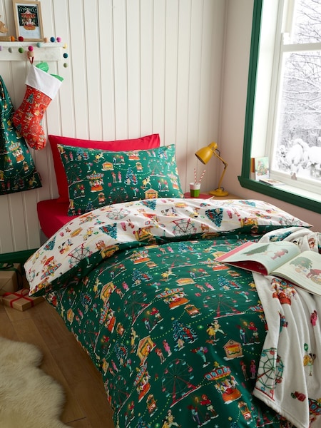 Belle & Boo Green Christmas Fairground Reversible Duvet Cover Set (H87485) | £25 - £40