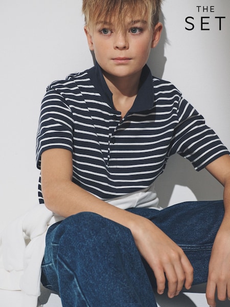 The Set 5 Pack Cotton Pique Polo Shirts Navy/Stripe/Light Blue/White (H87875) | £20 - £25