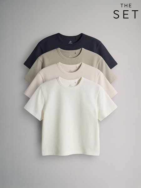 The Set Charcoal/Brown/Oatmeal Marl/White 4 Pack Short Sleeve Waffle T-Shirts (H87876) | £16 - £18