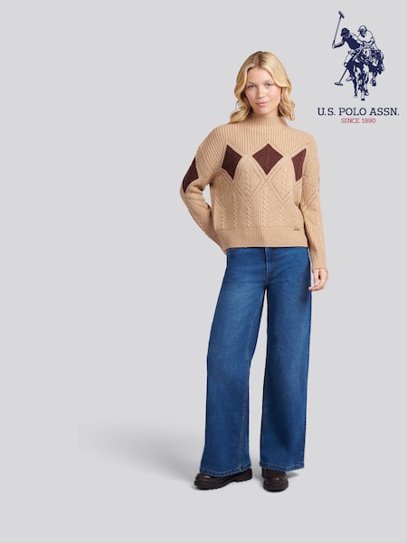 U.S. Polo Assn. Natural Cable Argyle Mock Neck Jumper (H87897) | £75