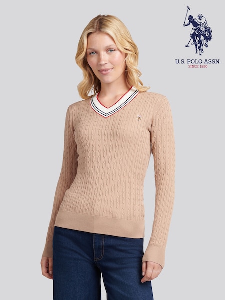 U.S. Polo Assn. Natural Fine Cable Contrast V-Neck Jumper (H87918) | £65