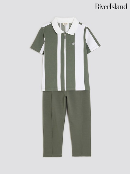 River Island Green Boys Stripe Polo Joggers Set (H87998) | £32