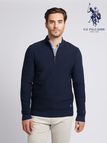 U.S. Polo Assn. Blue Mens Check Texture Knit Funnel Jumper (H88049) | £75