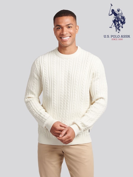 U.S. Polo Assn. White Mens Aran Knit Crew Jumper (H88069) | £75