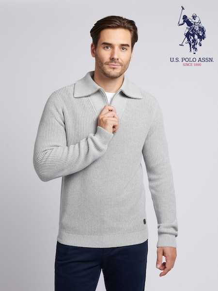 U.S. Polo Assn. Grey Mens Aran Mix Knit Funnel Jumper (H88072) | £75