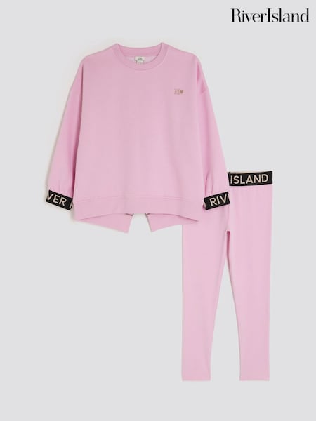 River Island Pink Girls Split Back Top and Leggings Set (H88108) | £26
