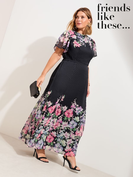 Friends Like These Black Floral Curve Spot Chiffon Short Sleeve Midi Dress (H88489) | £59