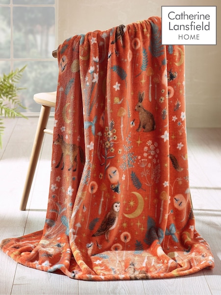 Catherine Lansfield Burnt Orange Enchanted Twilight Animals Cosy Blanket Throw (H88593) | £12