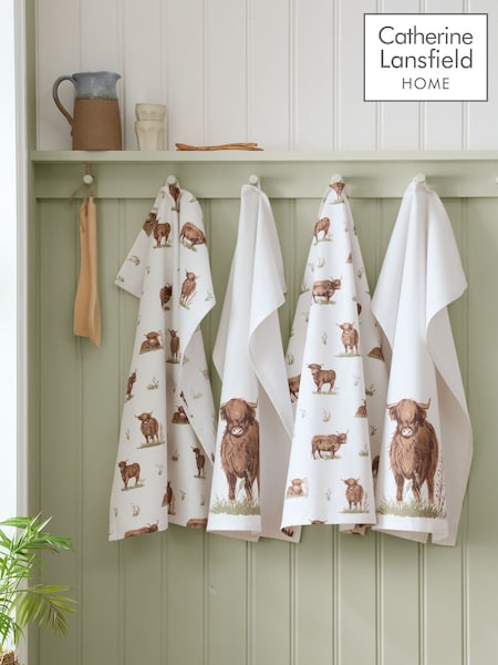 Catherine Lansfield Natural Angus Highland Cow Cotton Kitchen Tea Towel (H88596) | £14
