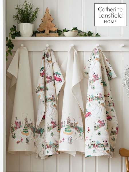 Catherine Lansfield Natural Christmas Town Cotton Kitchen Tea Towel (H88599) | £14