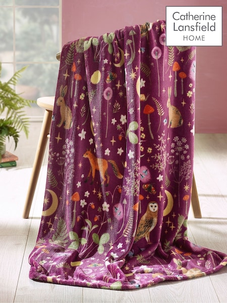 Catherine Lansfield Plum Enchanted Twilight Animals Cosy Blanket Throw (H88611) | £12