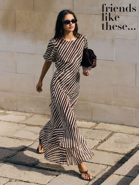 Friends Like These Black/White Stripe Puff Sleeve Tiered Hem Midi Dress (H88853) | £59