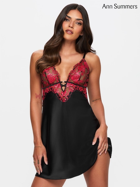 Ann Summers Black/Red Endless Attraction Satin and Embroidered Mesh Chemise Nightie (H89060) | £36