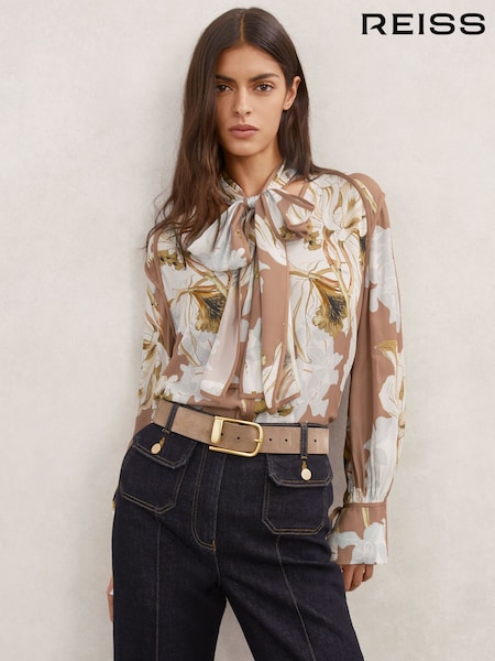 Reiss Pink/Ivory Maggie Floral-Print Tie-Neck Blouse (H89101) | £180