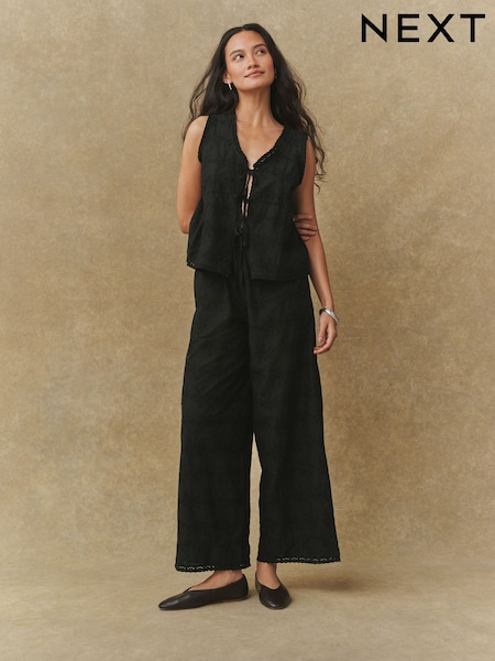 Black Palm Tree Embroidered Wide Leg Trousers (H89114) | £30
