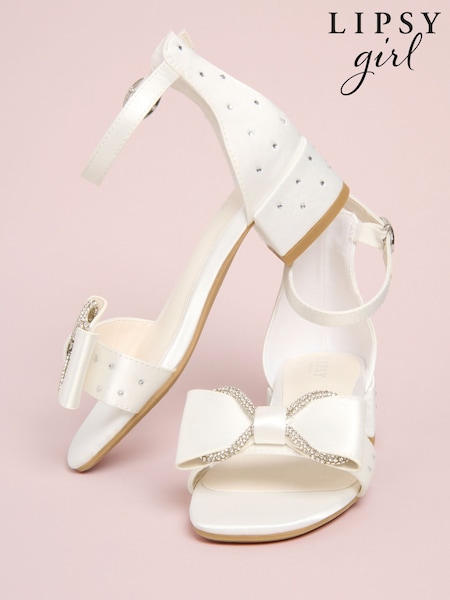 Lipsy White Standard Fit (F) Embellished Bow Occasion Flower Block Heeled Sandals (H89186) | £30 - £34