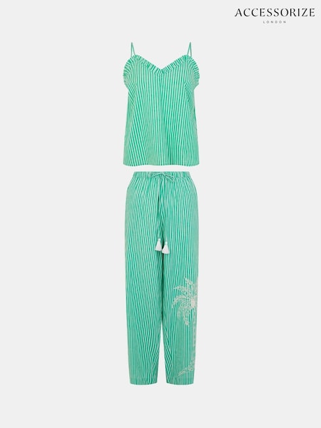 Accessorize Green Embroidered Stripe Long Pyjamas Set (H89979) | £45