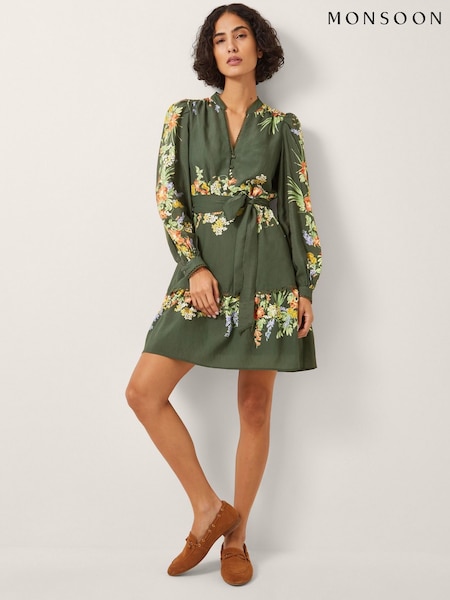 Monsoon Green Jesse Floral Print Long Sleeve Mini Dress (H90156) | £90