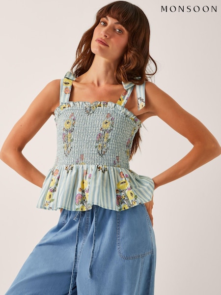 Monsoon Blue Lucille Floral Print Stripe Smocked Blouse (H90163) | £55