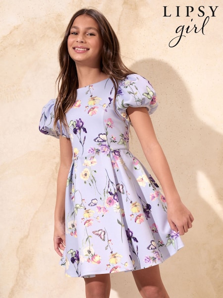 Lipsy Lilac Purple Floral Scuba Puff Sleeve Occasion Dress (5-16yrs) (H90342) | £37 - £45