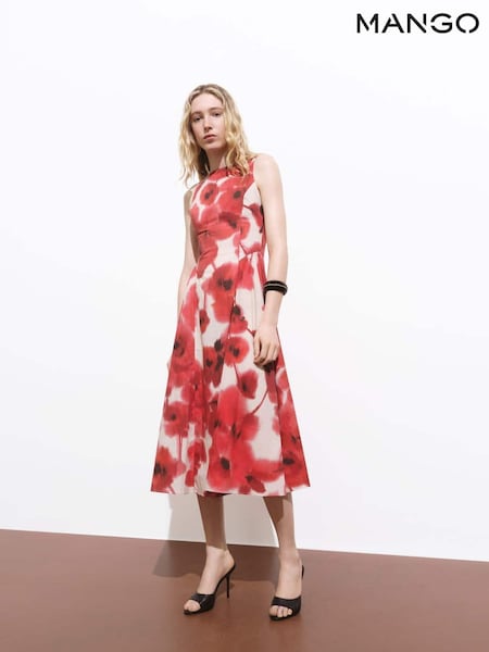 Mango Red Floral-Print Flared Dress (H90396) | £70