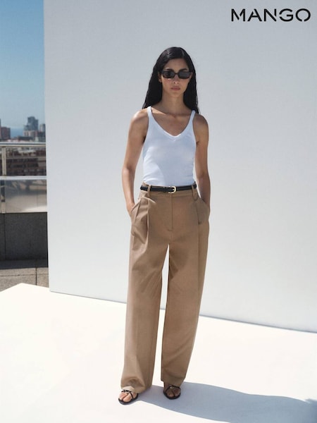 Mango Brown Straight Cotton Trousers With Pleats (H90532) | £50