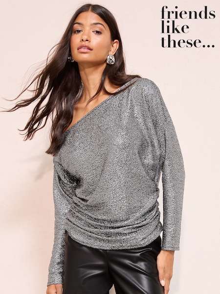 Friends Like These Silver Shimmer Off Shoulder Long Sleeve Top (H90592) | £32