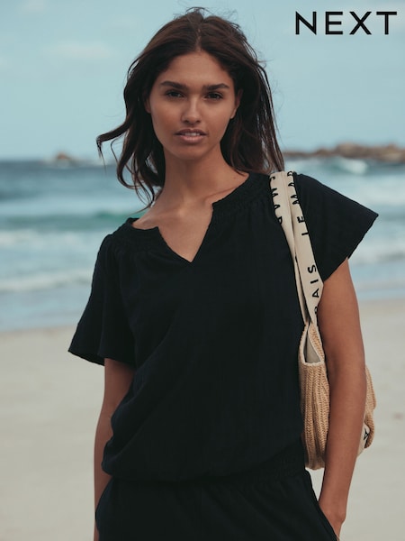 Black Short Sleeve Notch Neck Shirred Bubblehem Top (H90666) | £16.50