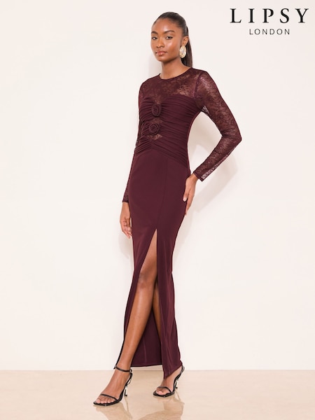 Lipsy Burgundy Red Burgundy Lace Trim Ruched Maxi Dress (H90781) | £99