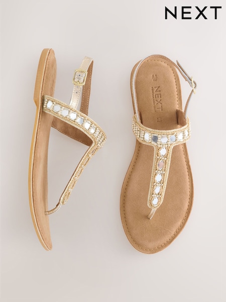 Gold Leather Forever Comfort® Toe Thong Embellished Sandals (H90808) | £29