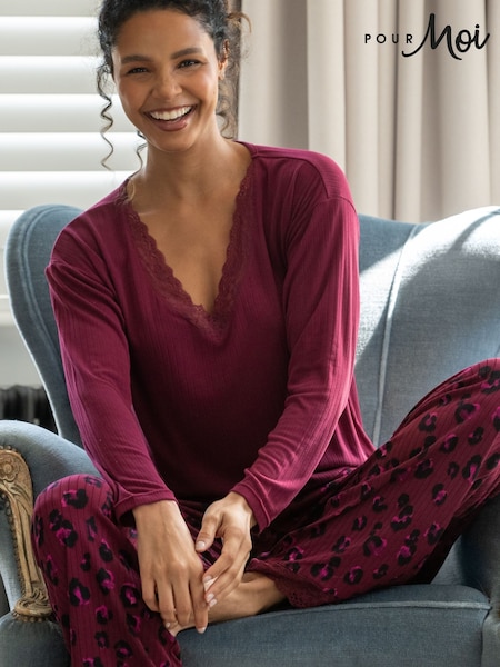 Pour Moi Red Brushed Rib Lace Trim V-Neck Lounge Pyjamas Set (H90844) | £45