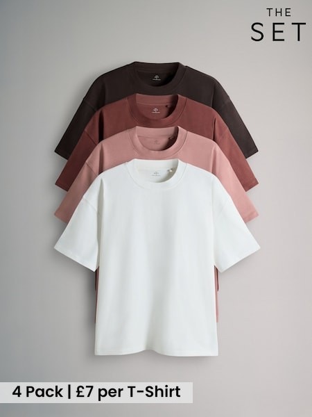 The Set 4 Pack Oversized Heavy Cotton Crew Neck TShirts Pink/Tan (H91059) | £28