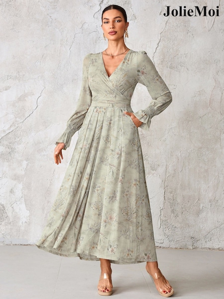 Jolie Moi Grey Long Sleeve Mesh Maxi Dress (H91070) | £95