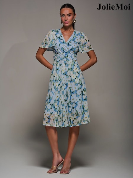 Jolie Moi Blue Mesh Floral Print Pleated Midi Dress (H91075) | £60