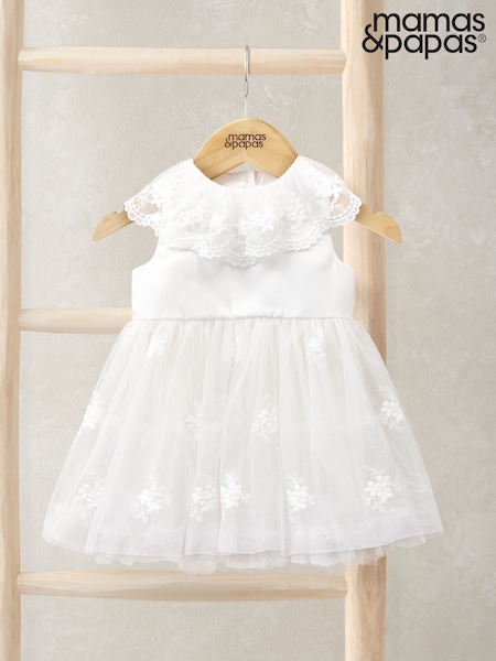 Mamas & Papas Embroidered Mesh Flower Girl White Dress with Cape Collar (H91120) | £45