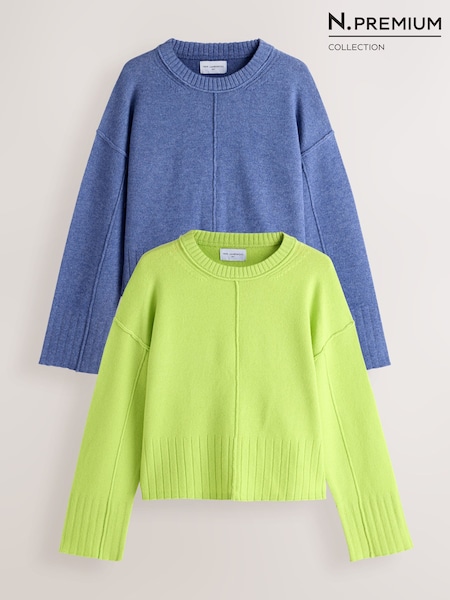 Blue/Lime Green N.Premium 100% Lambswool  Crew Neck Jumper 2 Pack (H91161) | £78