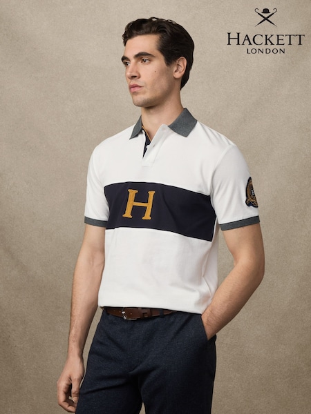 Hackett Heritage Crest Panel White Polo Shirt (H91206) | £130