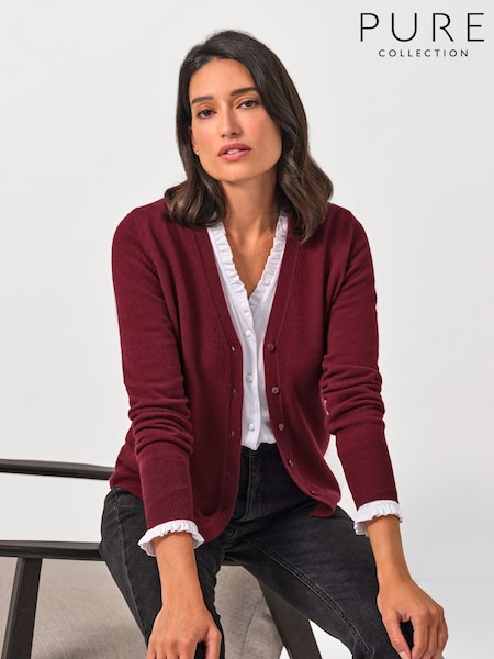 Pure Collection Red Cashmere Crew Neck Slim Fitting Long Sleeve Cardigan (H91256) | £145