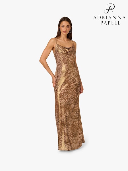 Adrianna by Adrianna Papell Printed Chiffon Long Brown Dress (H91303) | £279
