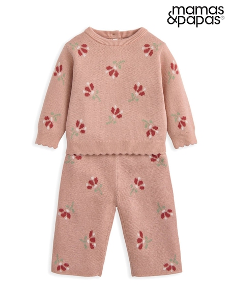 Mamas & Papas Pink Jacquard Floral Knit Top & Bottoms Set (H91348) | £32