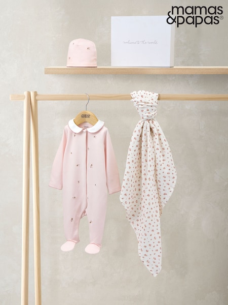 Mamas & Papas Pink Embroidered Romper Hat & Blanket Gift Set (H91351) | £45