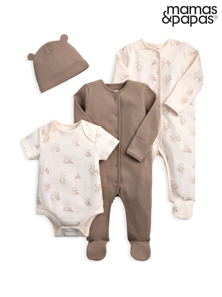 Mamas & Papas 4 Piece Teddy Bear Print Brown Sleepsuits Bodysuit & Hat Set (H91355) | £32