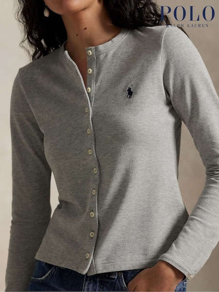Polo Ralph Lauren Grey Crewneck Mesh Button Long Sleeve Cardigen (H91356) | £155