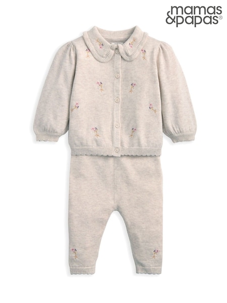 Mamas & Papas Embroidered Knit Brown Cardigan & Leggings Set with Scallop Detail (H91404) | £35