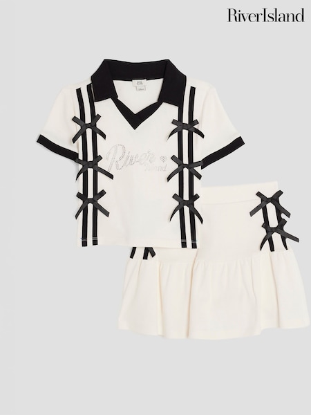 River Island Cream Girls Bow Polo Shirt and Skirt Set (H91562) | £32