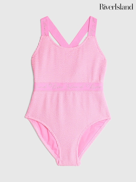 River Island Pink Girls Elastic Textured Swimsuit (H91565) | £16