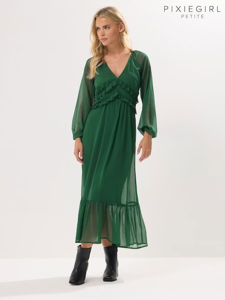 PixieGirl Petite Green Chiffon Frilled Maxi Dress (H91627) | £50
