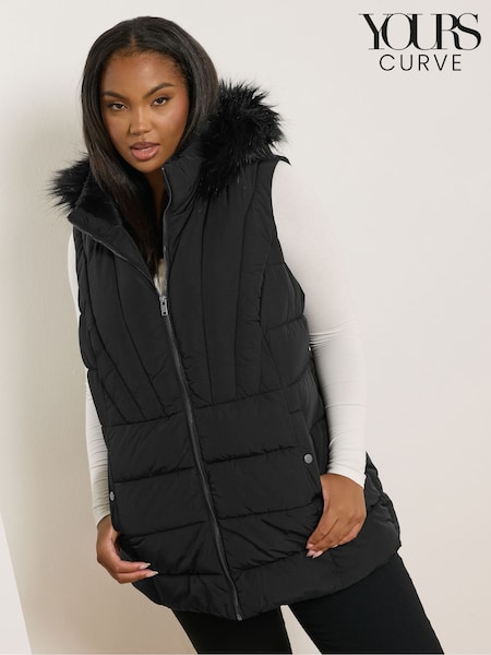 Yours Curve Black Core Gilet With Fur Hood (H91644) | £60