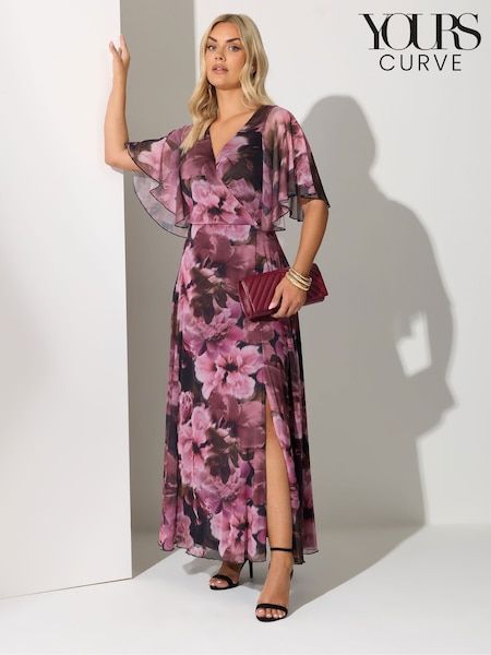 Yours Curve Pink London Floral Print Wrap Mesh Maxi Dress (H91658) | £70